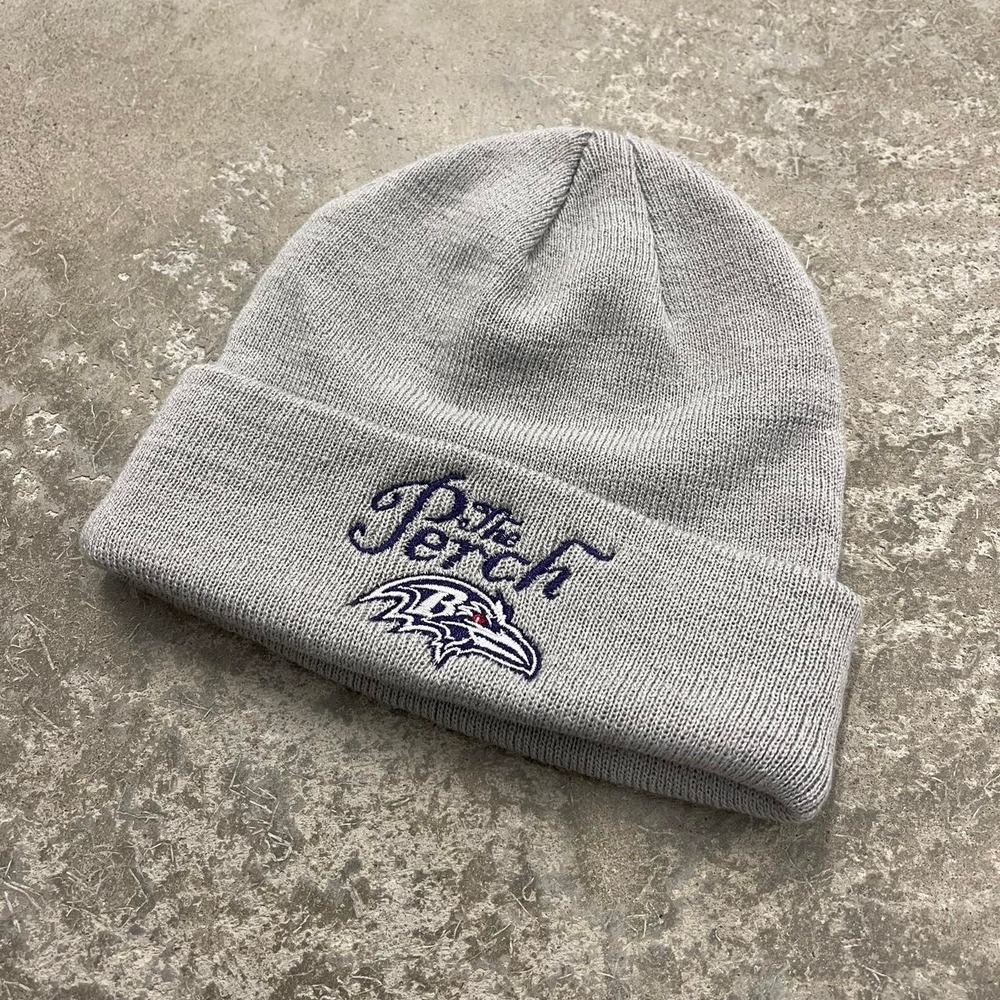 Vintage Baltimore Ravens The Perch NFL Football Knit Beanie Grey Y2K Hat